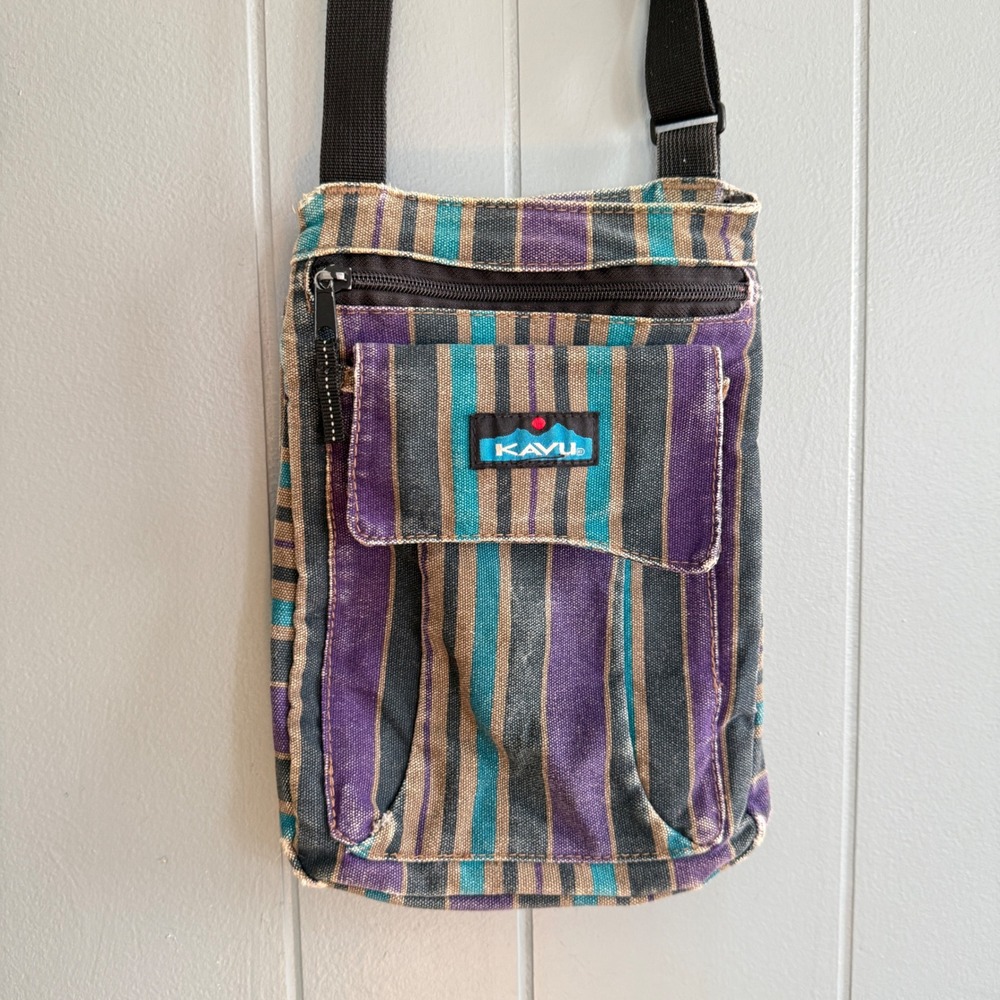 KAVU Keeper‎ Crossbody Bag Striped Canvas Purple Teal Brown Boho Outdoors